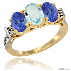 10K Yellow Gold Natural Aquamarine & Tanzanite Sides Ring 3-Stone Oval 7x5 mm Diamond Accent