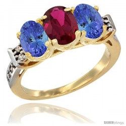 10K Yellow Gold Natural Ruby & Tanzanite Sides Ring 3-Stone Oval 7x5 mm Diamond Accent