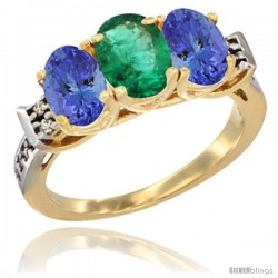 10K Yellow Gold Natural Emerald & Tanzanite Sides Ring 3-Stone Oval 7x5 mm Diamond Accent