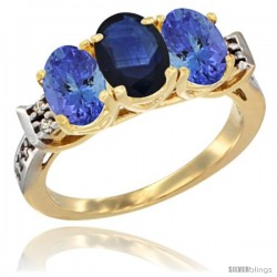 10K Yellow Gold Natural Blue Sapphire & Tanzanite Sides Ring 3-Stone Oval 7x5 mm Diamond Accent