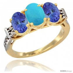 10K Yellow Gold Natural Turquoise & Tanzanite Sides Ring 3-Stone Oval 7x5 mm Diamond Accent