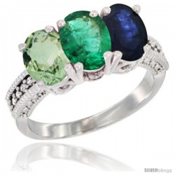 10K White Gold Natural Green Amethyst, Emerald & Blue Sapphire Ring 3-Stone Oval 7x5 mm Diamond Accent