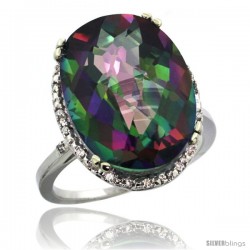 10k White Gold Diamond Halo Large Mystic Topaz Ring 10.3 ct Oval Stone 18x13 mm, 3/4 in wide