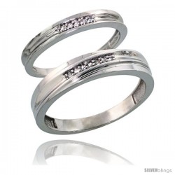 Sterling Silver Diamond 2 Piece Wedding Ring Set His 5mm & Hers 3mm Rhodium finish