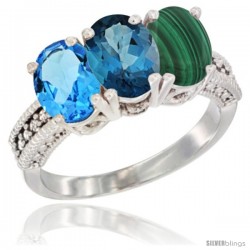 10K White Gold Natural Swiss Blue Topaz, London Blue Topaz & Malachite Ring 3-Stone Oval 7x5 mm Diamond Accent