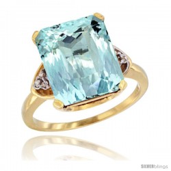 14k Yellow Gold Ladies Natural Aquamarine Ring Emerald-shape 12x10 Stone Diamond Accent