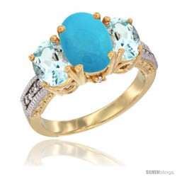 14K Yellow Gold Ladies 3-Stone Oval Natural Turquoise Ring with Aquamarine Sides Diamond Accent