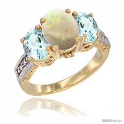 14K Yellow Gold Ladies 3-Stone Oval Natural Opal Ring with Aquamarine Sides Diamond Accent