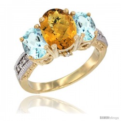 14K Yellow Gold Ladies 3-Stone Oval Natural Whisky Quartz Ring with Aquamarine Sides Diamond Accent