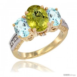 14K Yellow Gold Ladies 3-Stone Oval Natural Lemon Quartz Ring with Aquamarine Sides Diamond Accent