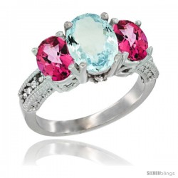 14K White Gold Ladies 3-Stone Oval Natural Aquamarine Ring with Pink Topaz Sides Diamond Accent