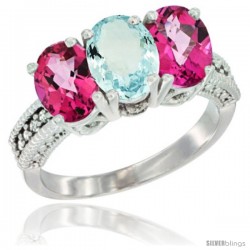 14K White Gold Natural Aquamarine & Pink Topaz Sides Ring 3-Stone 7x5 mm Oval Diamond Accent