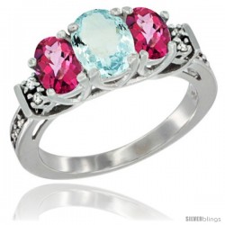 14K White Gold Natural Aquamarine & Pink Topaz Ring 3-Stone Oval with Diamond Accent