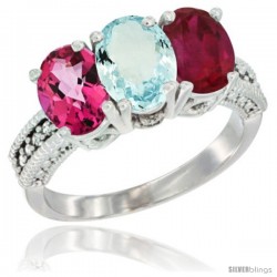 14K White Gold Natural Pink Topaz, Aquamarine & Ruby Ring 3-Stone 7x5 mm Oval Diamond Accent