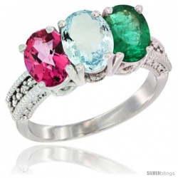 14K White Gold Natural Pink Topaz, Aquamarine & Emerald Ring 3-Stone 7x5 mm Oval Diamond Accent