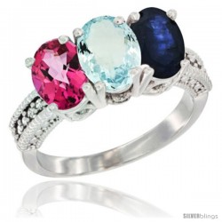 14K White Gold Natural Pink Topaz, Aquamarine & Blue Sapphire Ring 3-Stone 7x5 mm Oval Diamond Accent