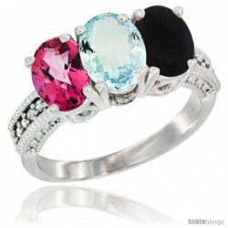 14K White Gold Natural Pink Topaz, Aquamarine & Black Onyx Ring 3-Stone 7x5 mm Oval Diamond Accent