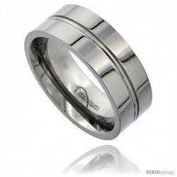 Titanium 8mm Flat Wedding Band Ring Convexed Groove Center Polished Finish Comfort-fit