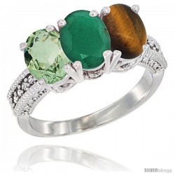 10K White Gold Natural Green Amethyst, Emerald & Tiger Eye Ring 3-Stone Oval 7x5 mm Diamond Accent