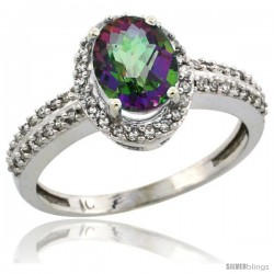 10k White Gold Diamond Halo Mystic Topaz Ring 1.2 ct Oval Stone 8x6 mm, 3/8 in wide