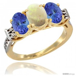 10K Yellow Gold Natural Opal & Tanzanite Sides Ring 3-Stone Oval 7x5 mm Diamond Accent