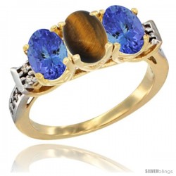 10K Yellow Gold Natural Tiger Eye & Tanzanite Sides Ring 3-Stone Oval 7x5 mm Diamond Accent