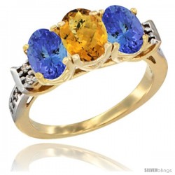 10K Yellow Gold Natural Whisky Quartz & Tanzanite Sides Ring 3-Stone Oval 7x5 mm Diamond Accent