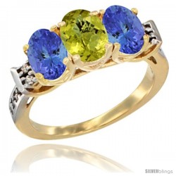 10K Yellow Gold Natural Lemon Quartz & Tanzanite Sides Ring 3-Stone Oval 7x5 mm Diamond Accent