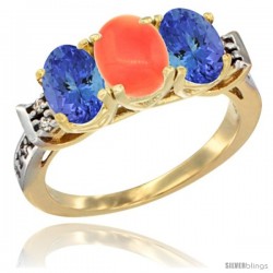 10K Yellow Gold Natural Coral & Tanzanite Sides Ring 3-Stone Oval 7x5 mm Diamond Accent