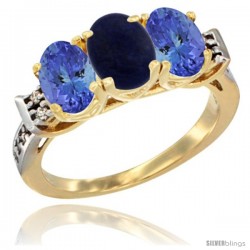 10K Yellow Gold Natural Lapis & Tanzanite Sides Ring 3-Stone Oval 7x5 mm Diamond Accent