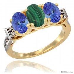 10K Yellow Gold Natural Malachite & Tanzanite Sides Ring 3-Stone Oval 7x5 mm Diamond Accent