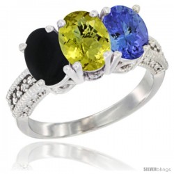 14K White Gold Natural Black Onyx, Lemon Quartz & Tanzanite Ring 3-Stone 7x5 mm Oval Diamond Accent