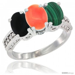 14K White Gold Natural Black Onyx, Coral & Malachite Ring 3-Stone 7x5 mm Oval Diamond Accent