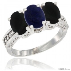 14K White Gold Natural Lapis & Black Onyx Sides Ring 3-Stone 7x5 mm Oval Diamond Accent