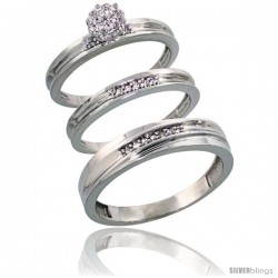 Sterling Silver Diamond Trio Wedding Ring Set His 5mm & Hers 3mm Rhodium finish