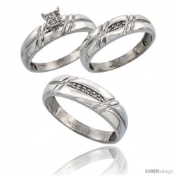 Sterling Silver Diamond Trio Wedding Ring Set His 6mm & Hers 5.5mm Rhodium finish