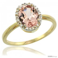 14k Yellow Gold Morganite Diamond Halo Ring 1.17 Carat 8X6 mm Oval Shape, 1/2 in wide