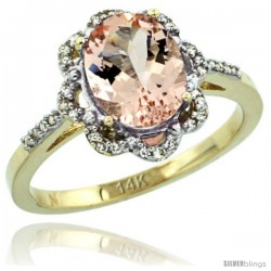 14k Yellow Gold Diamond Halo Morganite Ring 1.7 Carat Oval Shape 9X7 mm, 7/16 in (11mm) wide