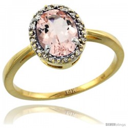 14k Yellow Gold Diamond Halo Morganite Ring 1.2 ct Oval Stone 8x6 mm, 1/2 in wide