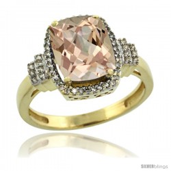 14k Yellow Gold Diamond Halo Morganite Ring 2.4 ct Cushion Cut 9x7 mm, 1/2 in wide