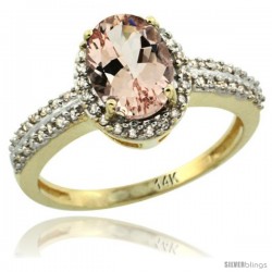 14k Yellow Gold Diamond Halo Morganite Ring 1.2 ct Oval Stone 8x6 mm, 3/8 in wide