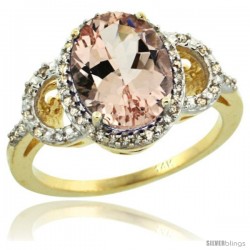 14k Yellow Gold Diamond Halo Morganite Ring 2.4 ct Oval Stone 10x8 mm, 1/2 in wide