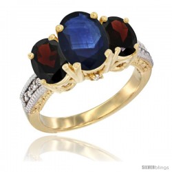 10K Yellow Gold Ladies 3-Stone Oval Natural Blue Sapphire Ring with Garnet Sides Diamond Accent