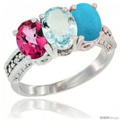 14K White Gold Natural Pink Topaz, Aquamarine & Turquoise Ring 3-Stone 7x5 mm Oval Diamond Accent