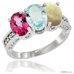 14K White Gold Natural Pink Topaz, Aquamarine & Opal Ring 3-Stone 7x5 mm Oval Diamond Accent