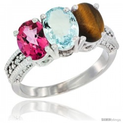 14K White Gold Natural Pink Topaz, Aquamarine & Tiger Eye Ring 3-Stone 7x5 mm Oval Diamond Accent