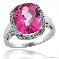 14k White Gold Diamond Pink Topaz Ring 5.17 ct Checkerboard Cut Cushion 12x10 mm, 1/2 in wide