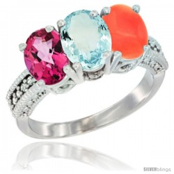 14K White Gold Natural Pink Topaz, Aquamarine & Coral Ring 3-Stone 7x5 mm Oval Diamond Accent