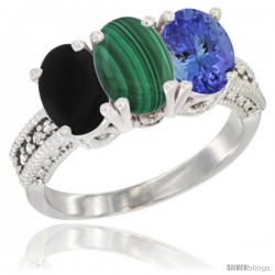 14K White Gold Natural Black Onyx, Malachite & Tanzanite Ring 3-Stone 7x5 mm Oval Diamond Accent