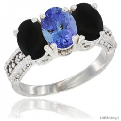 14K White Gold Natural Tanzanite & Black Onyx Sides Ring 3-Stone 7x5 mm Oval Diamond Accent